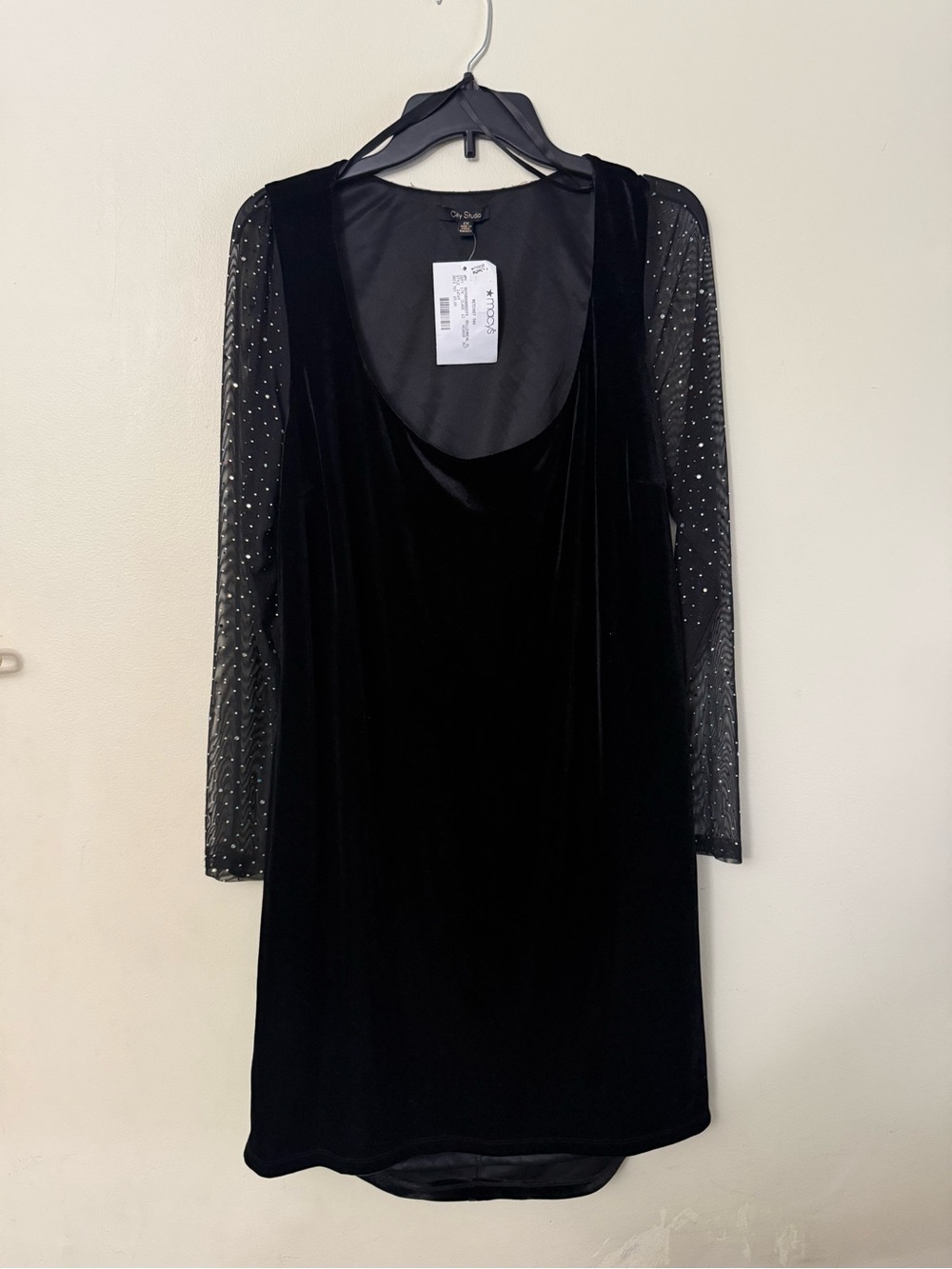 City Studio Black Velvet Scoop Neck Dress with Sparkle Sheer Sleeves
